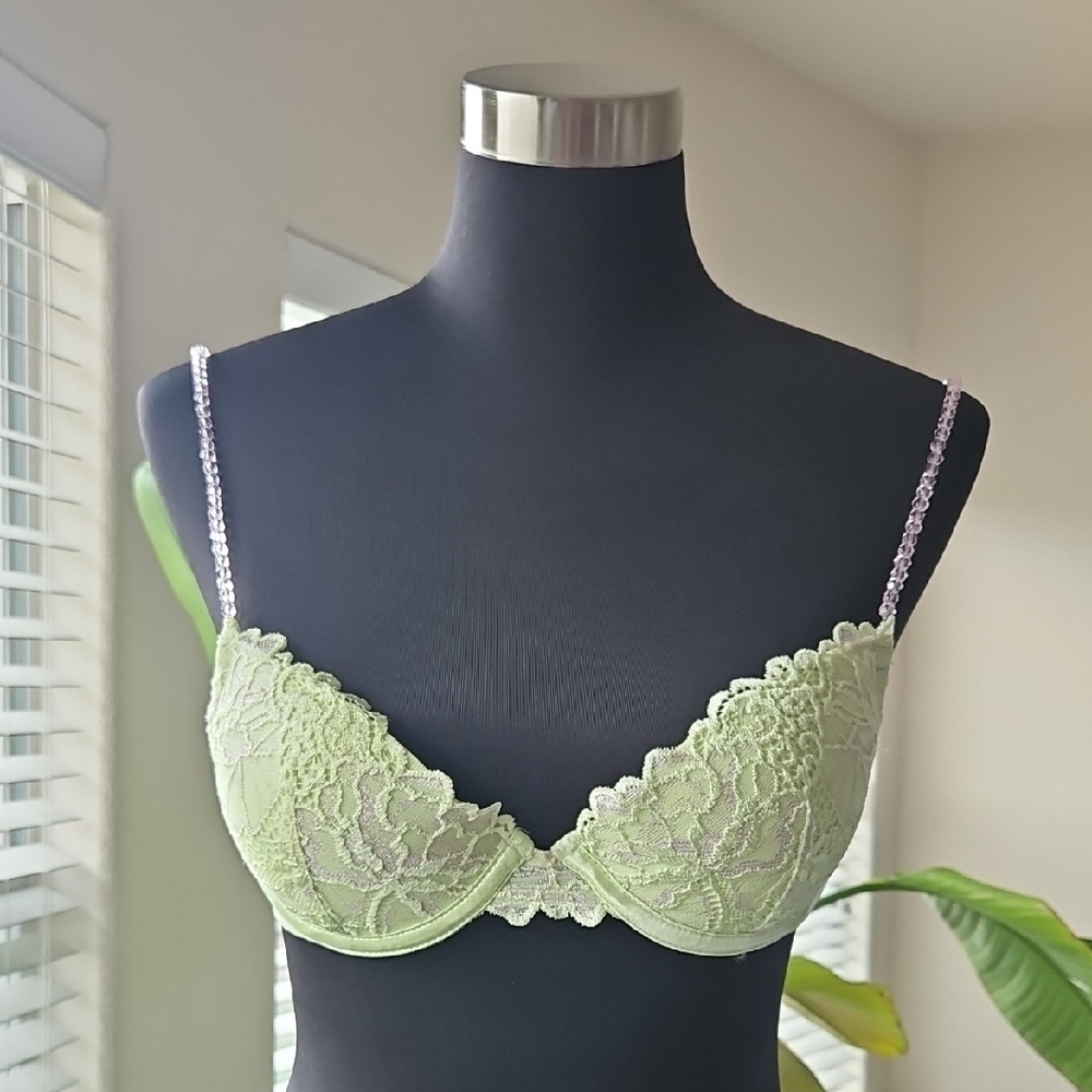 Light Green & Soft Pink Jeweled Lace Underwire Bra